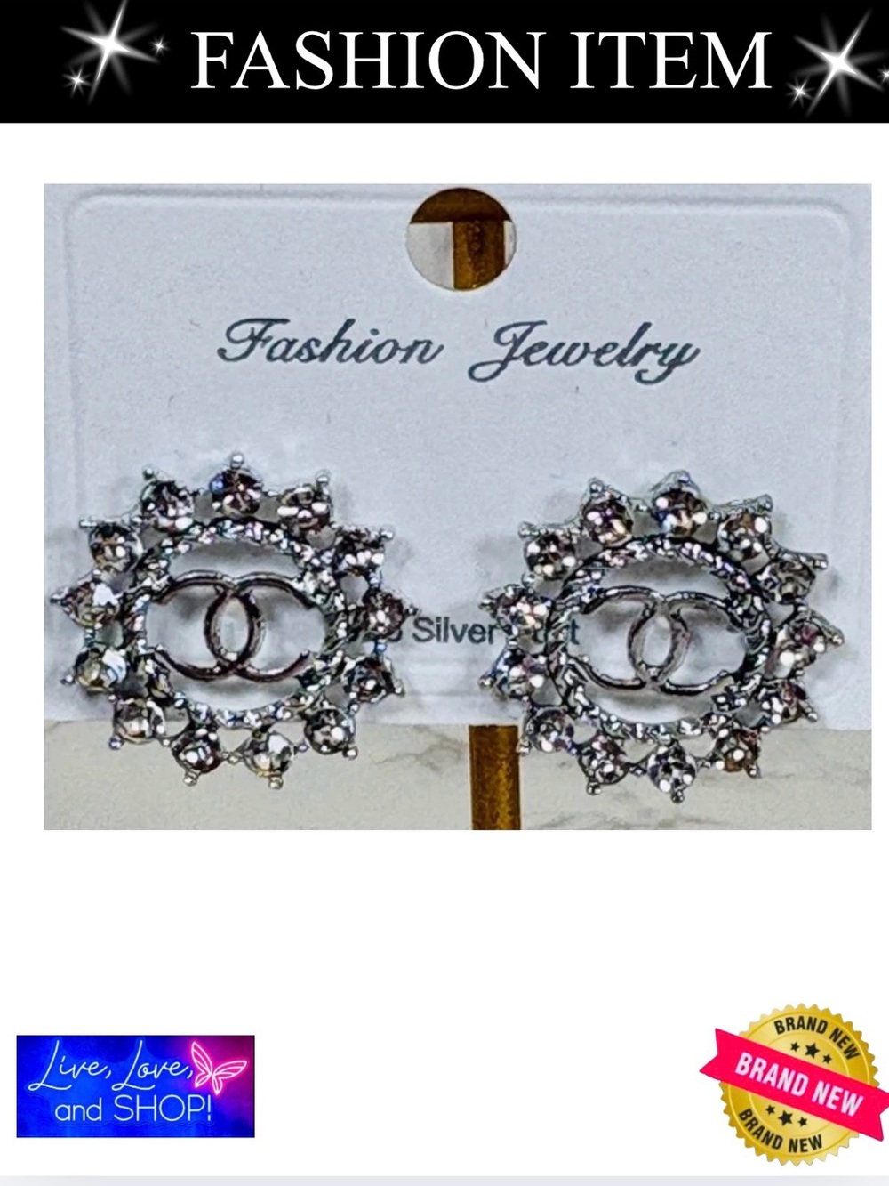 A-1-DC-34: EARRINGS: Silver CC Encircled by Luminous Rhinestones, NWOT
